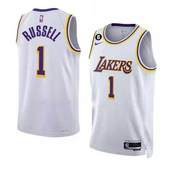 Mens Los Angeles Lakers #1 DAngelo Russell 2022-23 White With NO.6 Patch Association Edition Swingman Stitched Basketball Jersey Dzhi